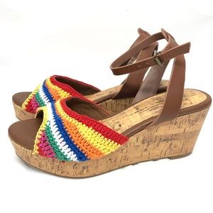 Mia Monica women’s size 7.5 rainbow cork wedge Pride 🌈 Taylor Swift Era concert
